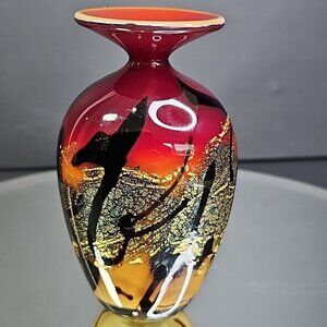 Nourot Signed Studio Glass Incense Vase Jar 4.5” Tall Red Gold Black USA